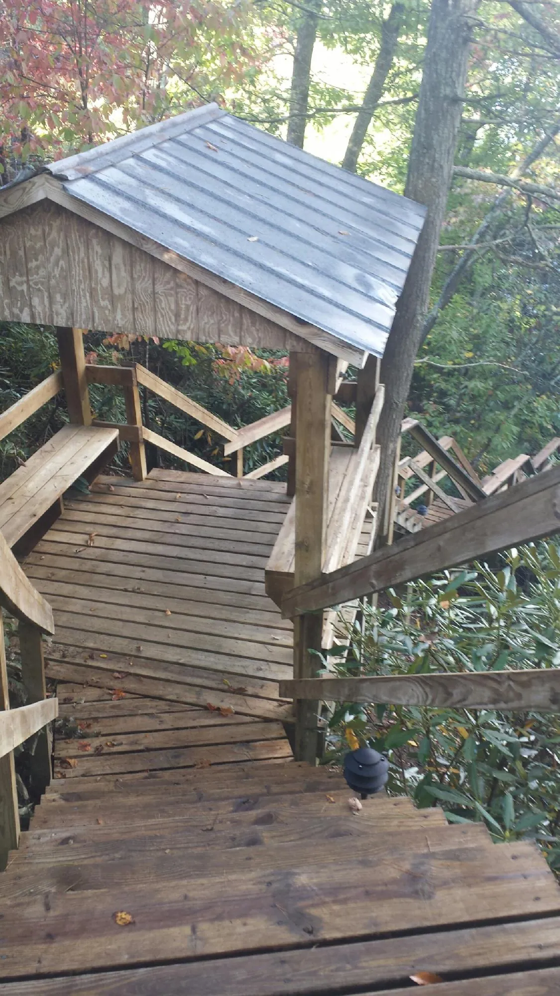 Metal roofed shelter over wooden steps on a wooded walkway — Skylight Repair & Installation work by our crew in New Auburn